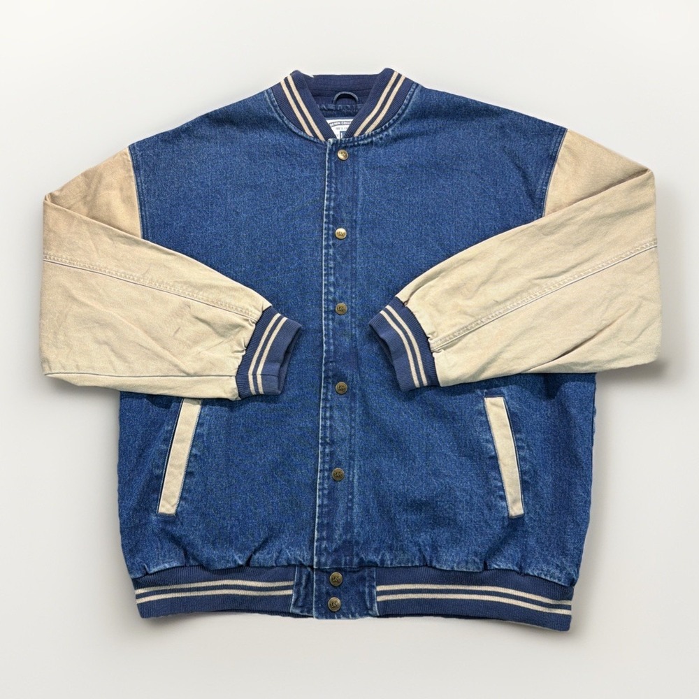 Lee Varsity Jacket XXL Blue Beige Embroidered Logo Button Striped Trim Pockets
